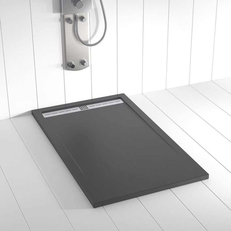 Piatto doccia in Resina flow Grigio Oscuro antiscivolo - 70x80 cm - Griglia + Valvola gratis