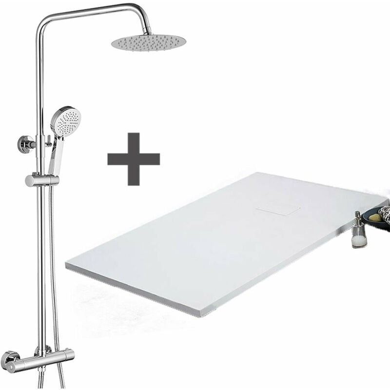 Pack Receveur de douche 80 x 170 cm extra plat blanc + Colonne de douche thermostatique chromée
