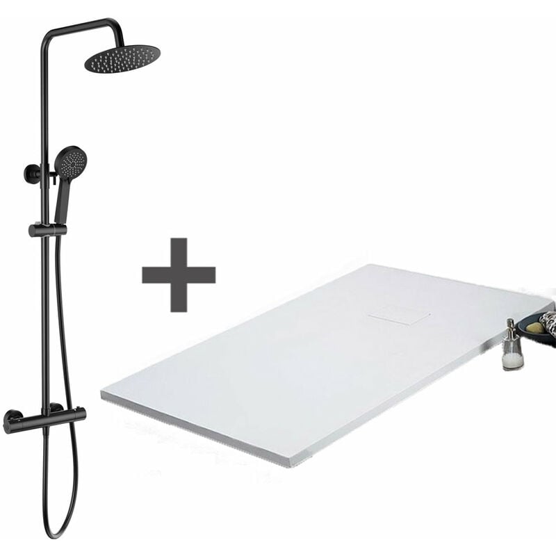 Pack Receveur de douche 90 x 160 cm extra plat blanc + Colonne de douche thermostatique noir mat