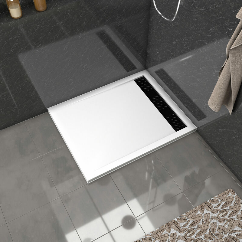 Receveur en acrylique Blanc 80x100x4 cm + Grilles Linéaires Chrome et Noire - whiteness ii