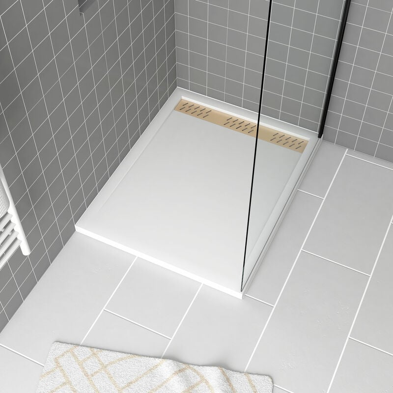 Receveur en acrylique Blanc 80x100x4 cm + Grilles Linéaires Chrome et Or Brossé - whiteness ii