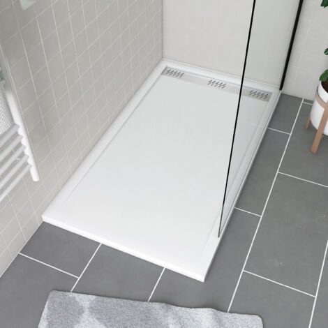 Aurlane – Receveur de douche à poser en acrylique blanc 80x140x5 cm – Surface antidérapante 18° – Évacuation linéaire avec grille chromée