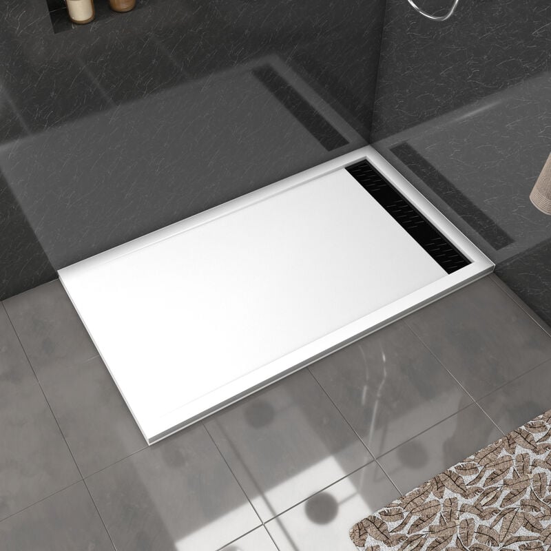 Receveur en acrylique Blanc 80x140x5 cm + Grilles Linéaires Chrome et Noire - whiteness ii