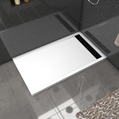 Aurlane – Receveur de douche acrylique blanc 80x140x5 cm – Surface antidérapante 18° – Évacuation linéaire avec grilles chrome et noir