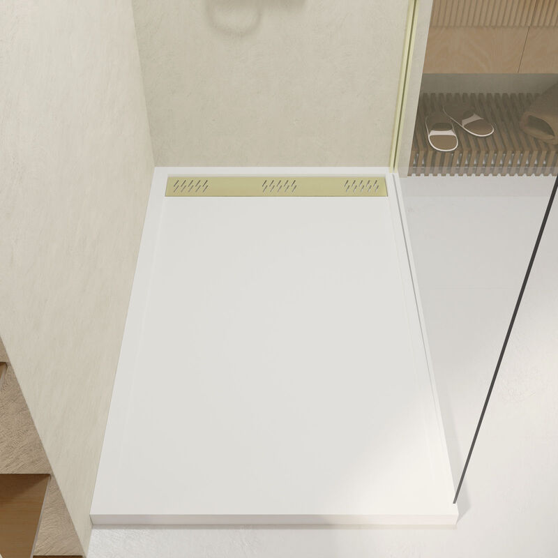 Receveur en acrylique Blanc 90x140x5 cm + Grilles Linéaires Chrome et Or Brossé - whiteness ii