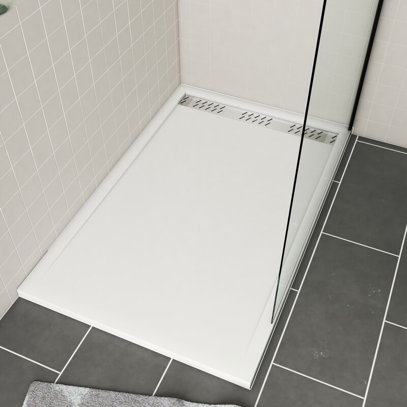 Receveur en acrylique Blanc 90x140x5 cm - Grille Linéaire Chrome - whiteness ii