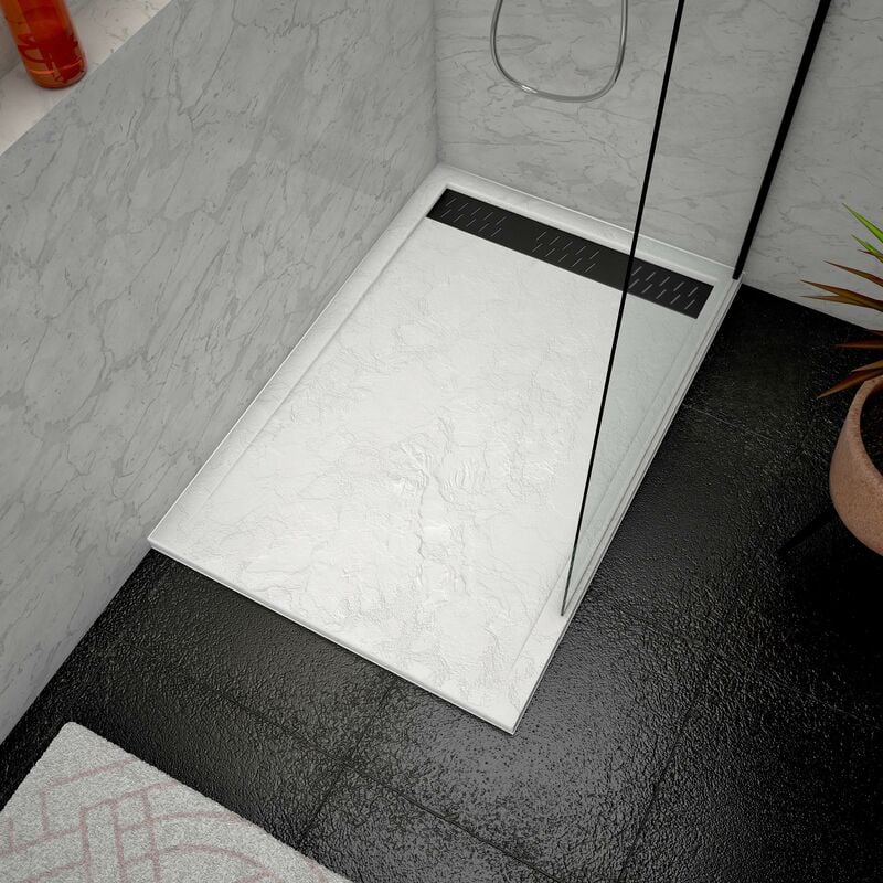 Receveur en acrylique Blanc Effet Pierre 80x120x4 cm + Grilles Linéaires Chrome et Noire - moon