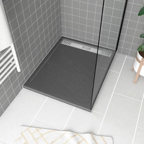 Aurlane – Receveur de douche à encastrer en acrylique gris anthracite effet pierre 80x100x4 cm – Antidérapant – Grille linéaire en aluminium chrome
