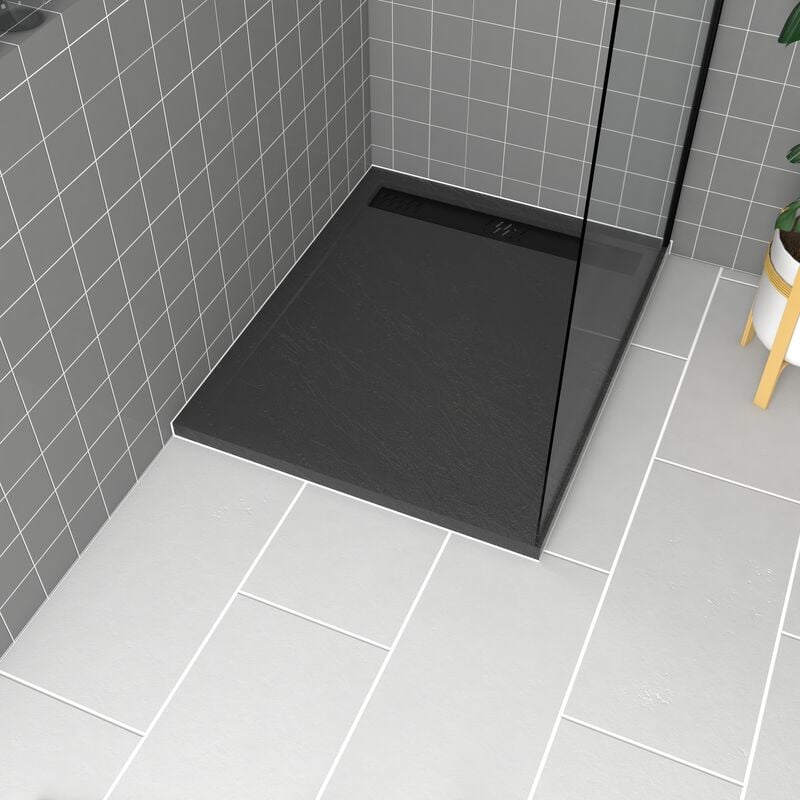 Receveur en acrylique Gris Effet Pierre 80x100x4 cm + Grilles Linéaires Chrome et Noire - meteora