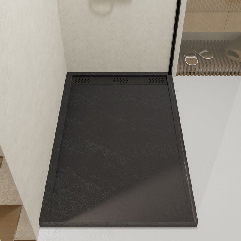 Receveur en acrylique Gris Effet Pierre 90x140x5 cm + Grilles Linéaires Chrome et Noire