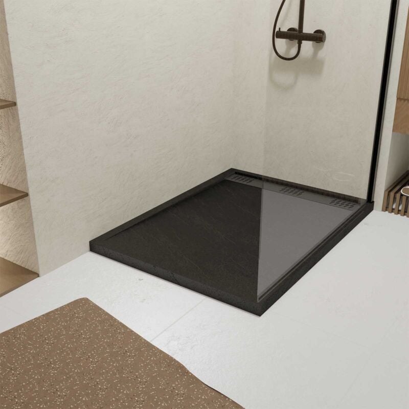 Receveur en acrylique Noir Effet Pierre 90x120x4 cm + Grilles Linéaires Chrome et Gun Metal