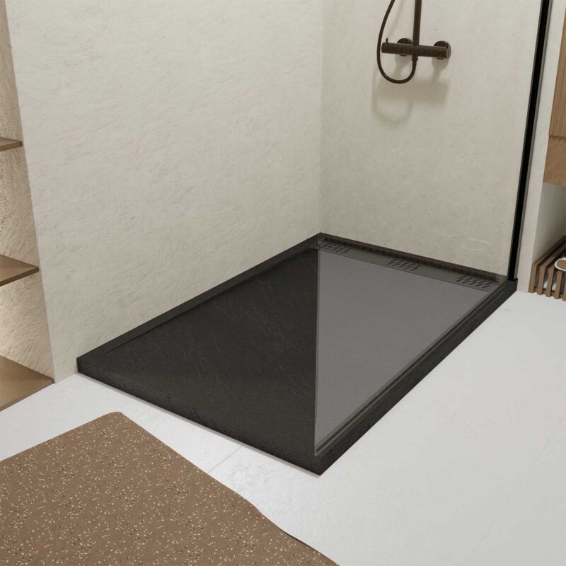 Receveur en acrylique Noir Effet Pierre 90x140x5 cm + Grilles Linéaires Chrome et Gun Metal