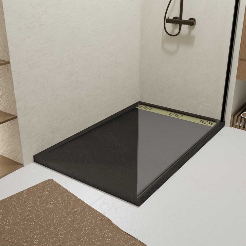 Receveur en acrylique Noir Effet Pierre 80x120x4 cm + Grilles Linéaires Chrome et Or Brossé