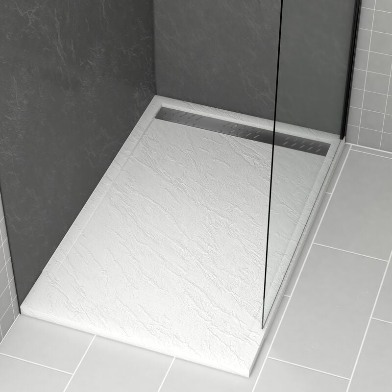 Receveur en acrylique Blanc Effet Pierre 90x140x5 cm + Grilles Linéaires Chrome et Gun Metal