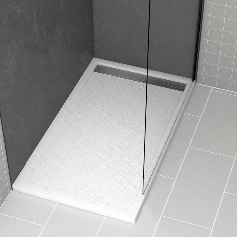 Receveur en acrylique Blanc Effet Pierre 80x140x5 cm + Grilles Linéaires Chrome et Gun Metal