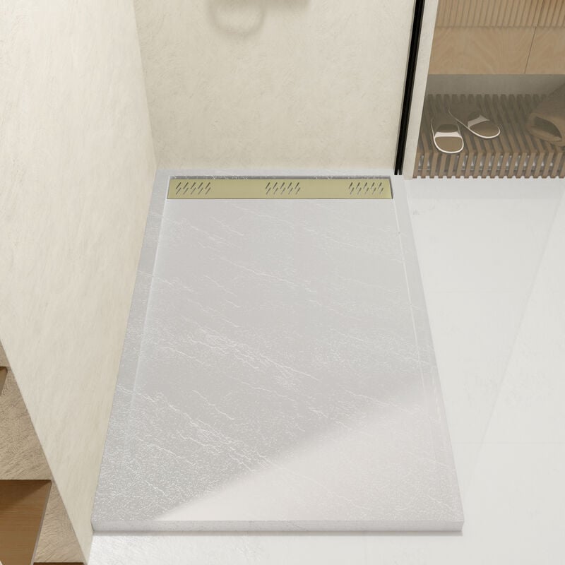 Receveur en acrylique Blanc Effet Pierre 90x140x5 cm + Grilles Linéaires Chrome et Or Brossé