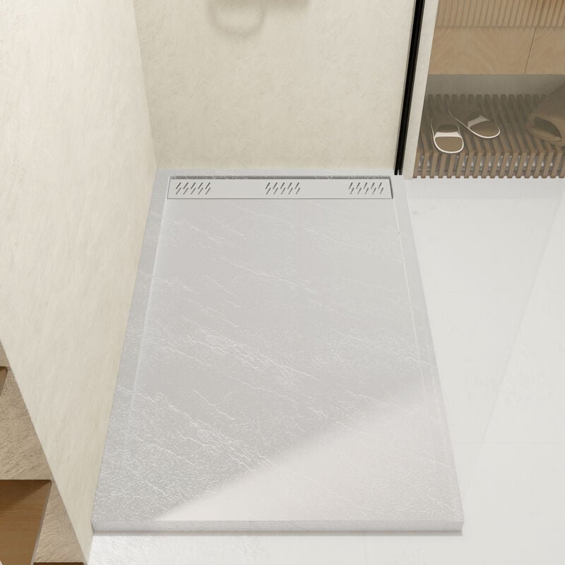 Receveur en acrylique Blanc Effet Pierre 90x140x5 cm + Grilles Linéaires Chrome et Blanche Mate