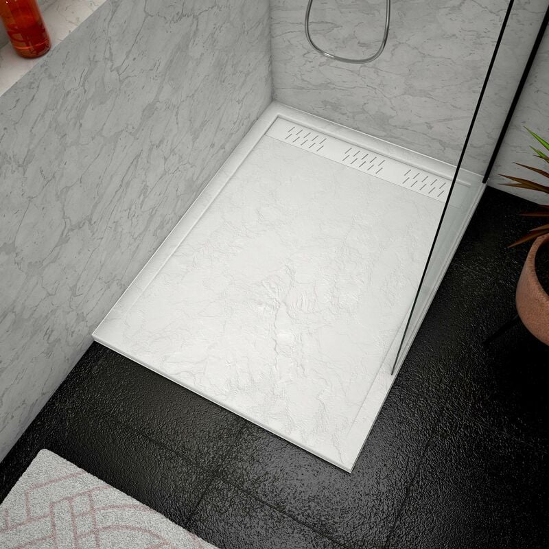 Receveur en acrylique Blanc Effet Pierre 90x120x4 cm + Grilles Linéaires Chrome et Blanche Mate