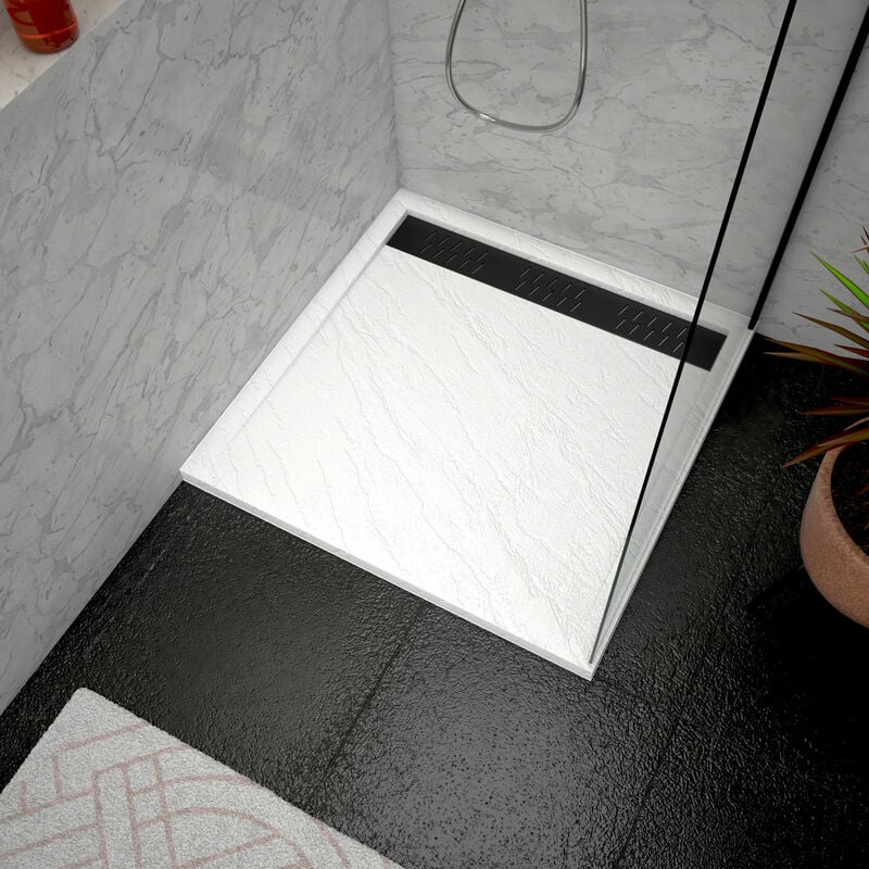 Receveur en acrylique Blanc Effet Pierre 90x90x4 cm + Grilles Linéaires Chrome et Noire - moon