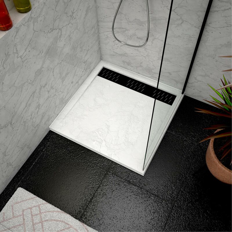 Receveur en acrylique Blanc Effet Pierre 80x80x4 cm + Grilles Linéaires Chrome et Noire - moon