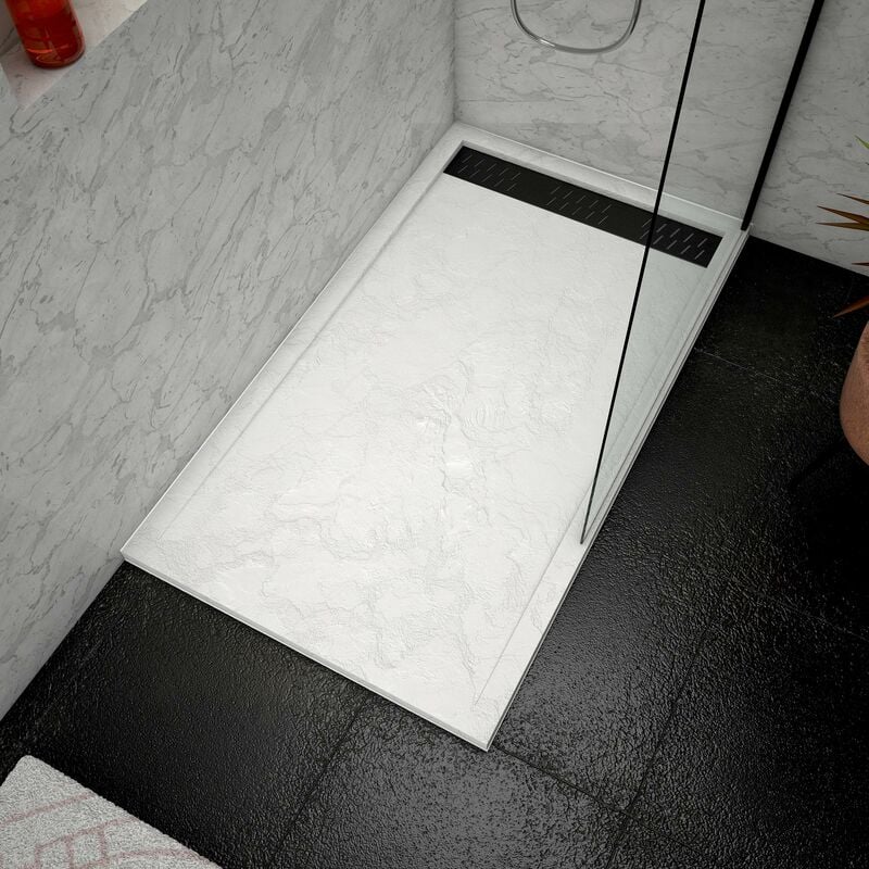 Receveur en acrylique Blanc Effet Pierre 80x140x5 cm + Grilles Linéaires Chrome et Noire - moon