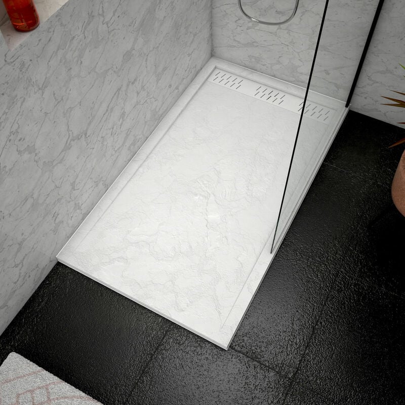 Receveur en acrylique Blanc Effet Pierre 80x140x5 cm + Grilles Linéaires Chrome et Blanche Mate