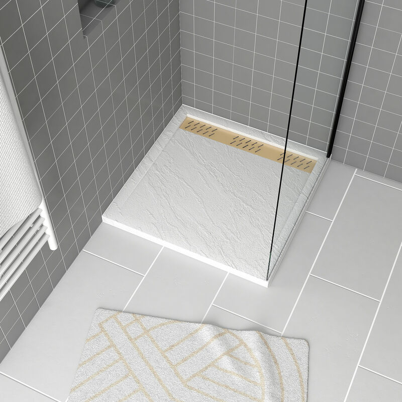 Receveur en acrylique Blanc Effet Pierre 80x80x4 cm + Grilles Linéaires Chrome et Or Brossé - moon