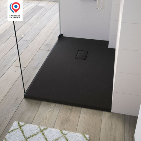 Receveur Kinesurf Pietra découpable 180x80 noir aspect pierre avec cache-bonde assorti et bonde extra-plate