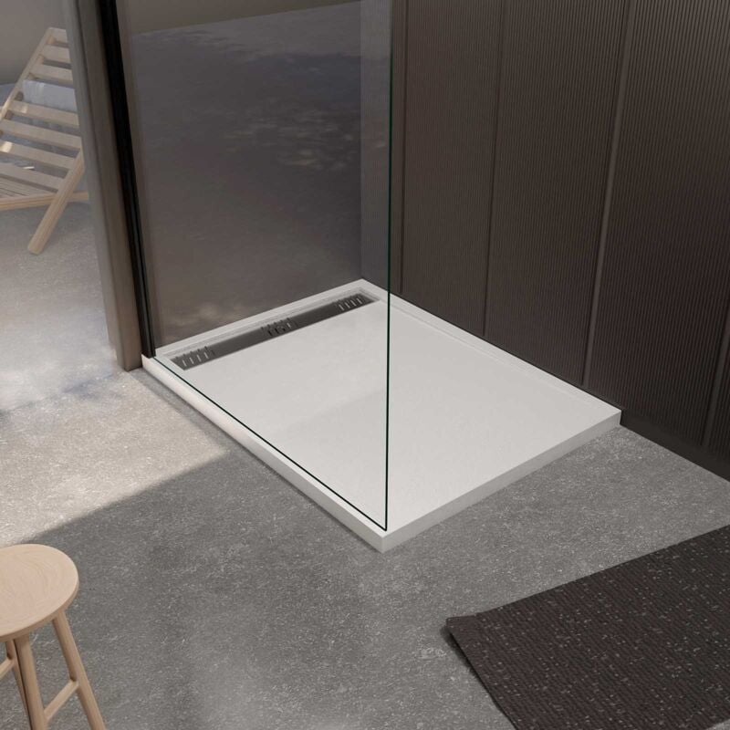 Receveur de douche en résine blanc 90x120x3 cm effet pierre granit + grille linéaire chrome