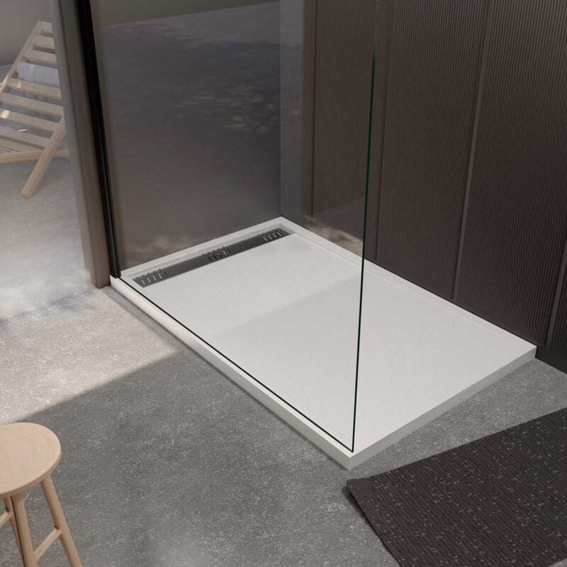 Aurlane - Receveur de douche en résine blanc 80x140x3 cm effet pierre granit + grille linéaire chrome