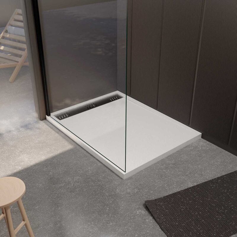 Aurlane - Receveur de douche en résine blanc 80x120x3 cm effet pierre granit + grille linéaire gun métal