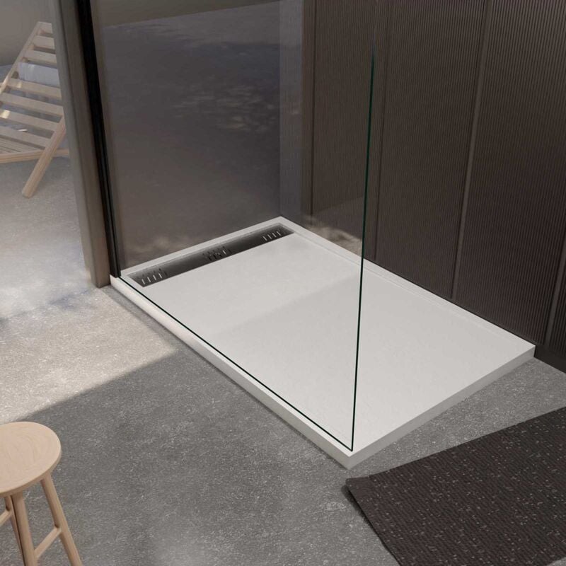 Aurlane - Receveur de douche en résine blanc 90x140x3 cm effet pierre granit + grille linéaire gun metal