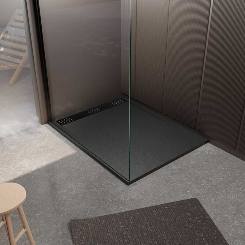 Aurlane - Receveur Noir Effet Granite en Résine Epoxy 80x120x3 cm + Grille Linéaire Noire