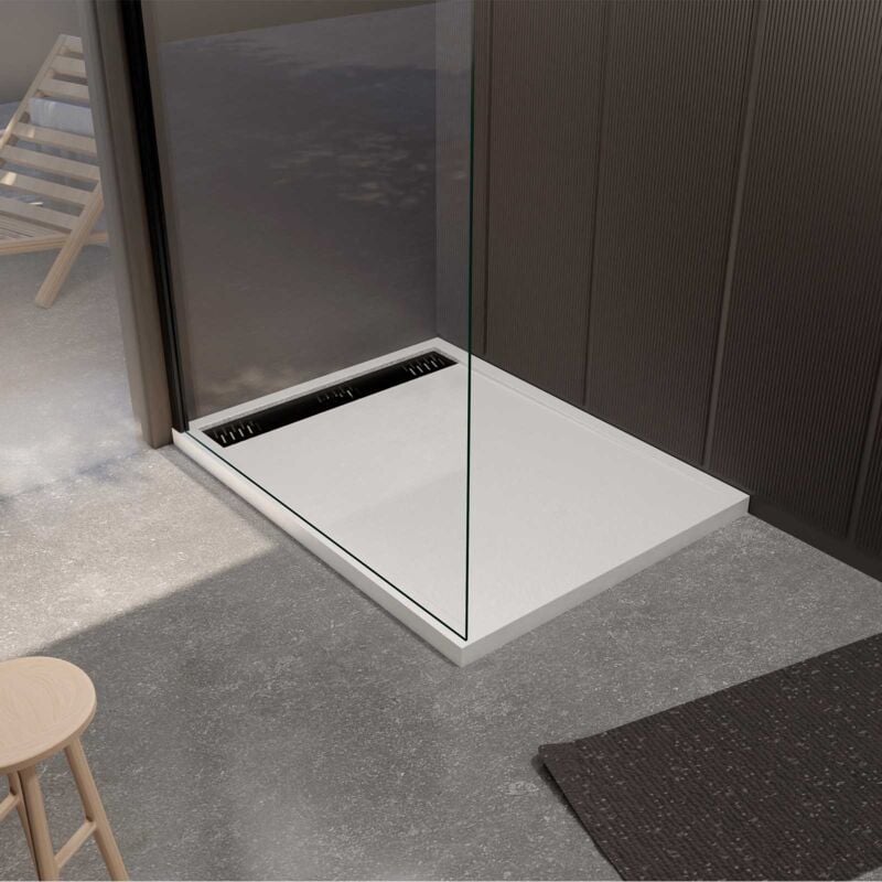 Aurlane - Receveur de douche en résine blanc 80x120x3 cm effet pierre granit + grille linéaire noire mate