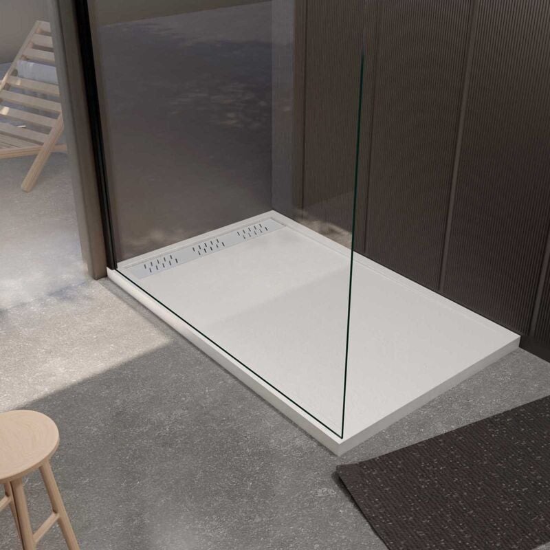 Receveur de douche en résine blanc 90x140x3 cm effet pierre granit + grille linéaire blanche mate