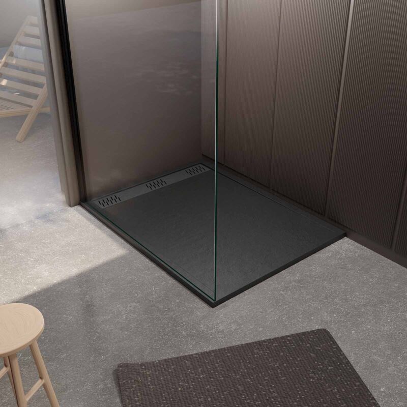 Receveur de douche en résine noir 90x120x3 cm effet pierre granit + grille linéaire gun metal