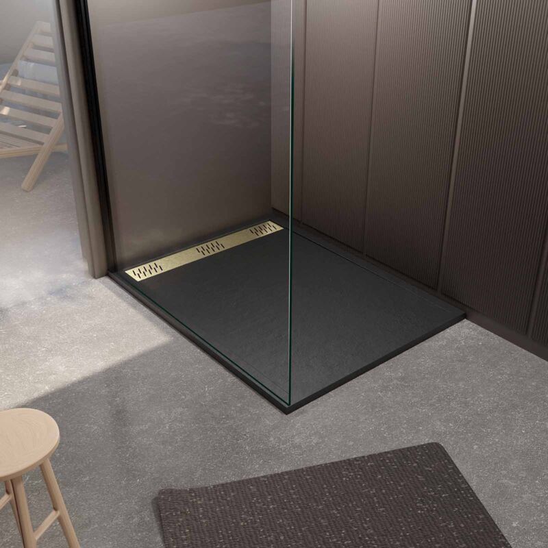 Aurlane - Receveur de douche en résine noir 80x120x3 cm effet pierre granit + grille linéaire or brossé