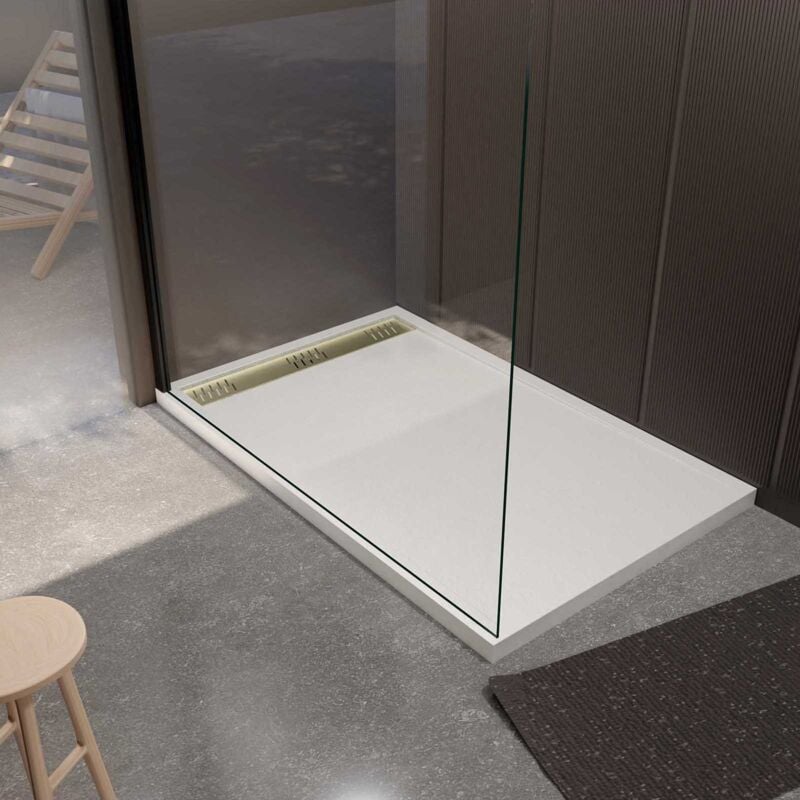 Aurlane - Receveur de douche en résine blanc 90x140x3 cm effet pierre granit + grille linéaire or brossé