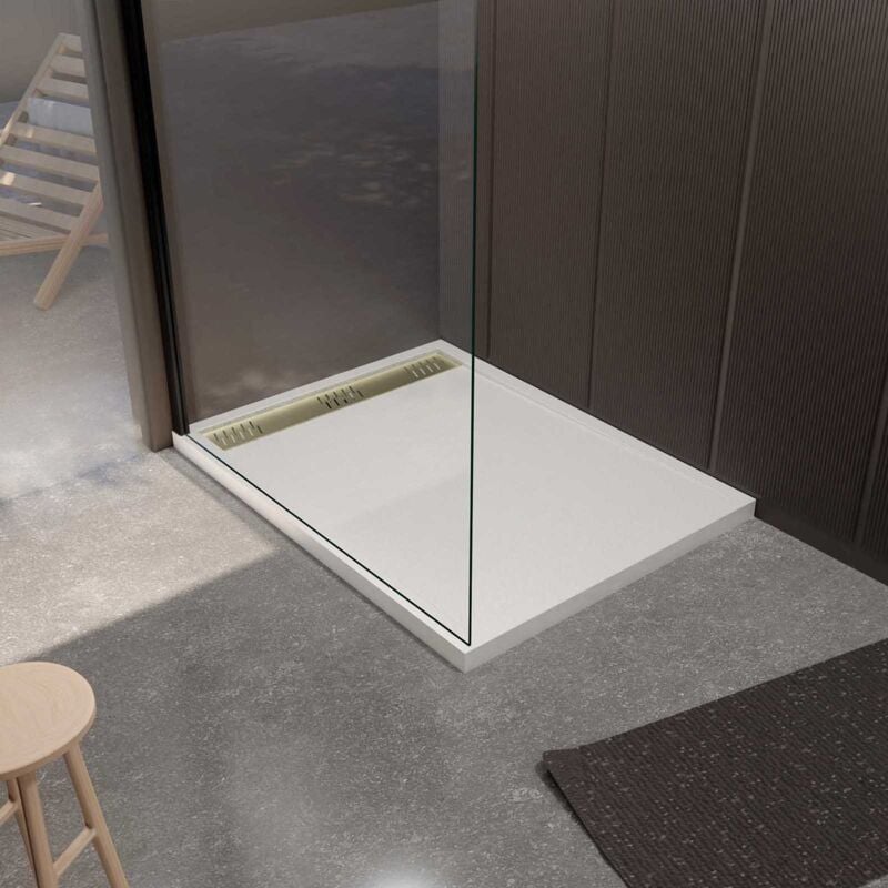 Aurlane - Receveur de douche en résine blanc 80x120x3 cm effet pierre granit + grille linéaire or brossé