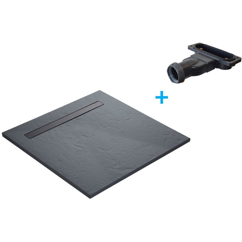 Receveur de douche caniveau en résine imitation ardoise - gris ardoise + natte étanche + siphon ultra plat - 100 x 100 cm