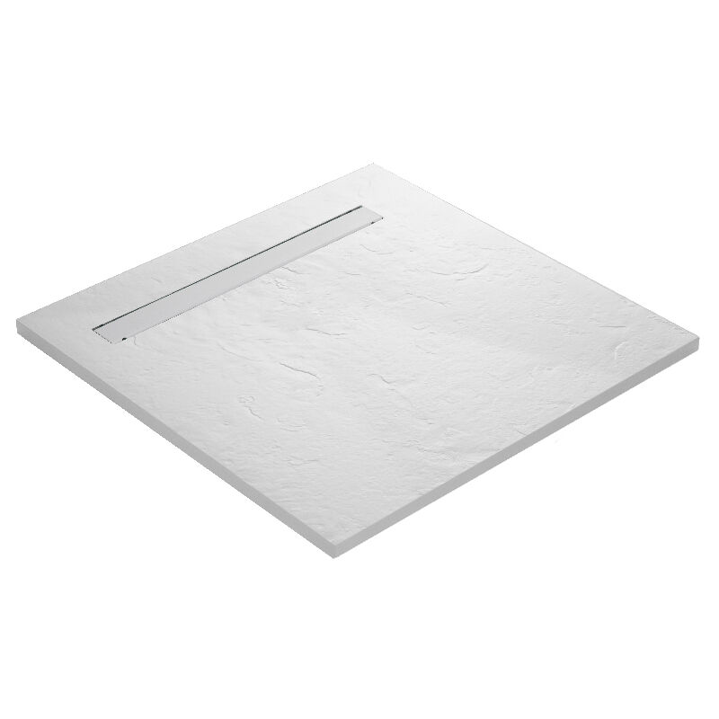 Receveur de douche caniveau en résine imitation ardoise - blanc + natte étanche + siphon ultra plat - 100 x 100 cm