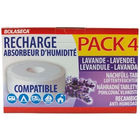 Recharge absorbeur d'humidité galets 4 x 450 g – Parfum lavande – Action rapide contre l'humidité – Pour espaces confinés – Bolaseca