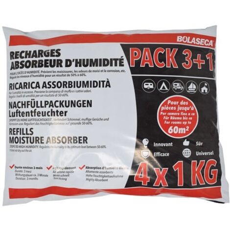 Recharge absorbeur d'humidité sachet 4 x 1kg – Pour pièces jusqu'à 40m² – Élimine l'humidité excessive – Pochette de protection – Bolaseca