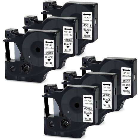 Recharge de remplacement de ruban d'étiquettes noir sur blanc 1/2 po x 23 pieds compatible avec DYMO LabelManager 160 280 210D 220P 360D Maker 6 Pack Noir sur blanc