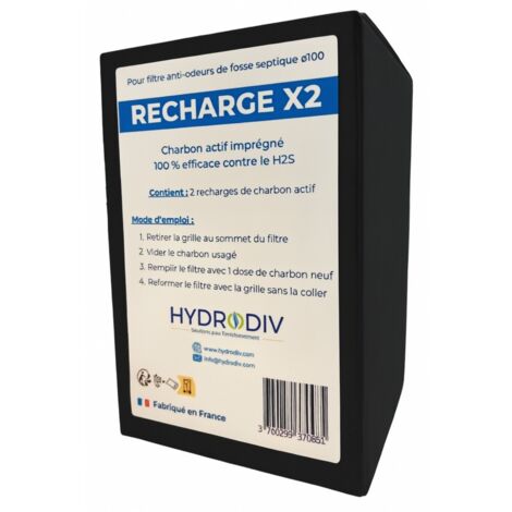 Recharge filtre anti-odeurs fosse septique charbon actif – Compatible diamètre 100 – Norme NF EN 12915-1 – Pack économique 2 recharges – Hydrodiv