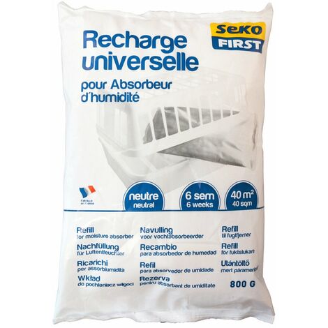 Recharge absorbeur d'humidité 800g – Utilisation efficace jusqu'à 6 semaines – Surface protégée 30 à 40 m² – Compatible avec tous absorbeurs – Sodepac