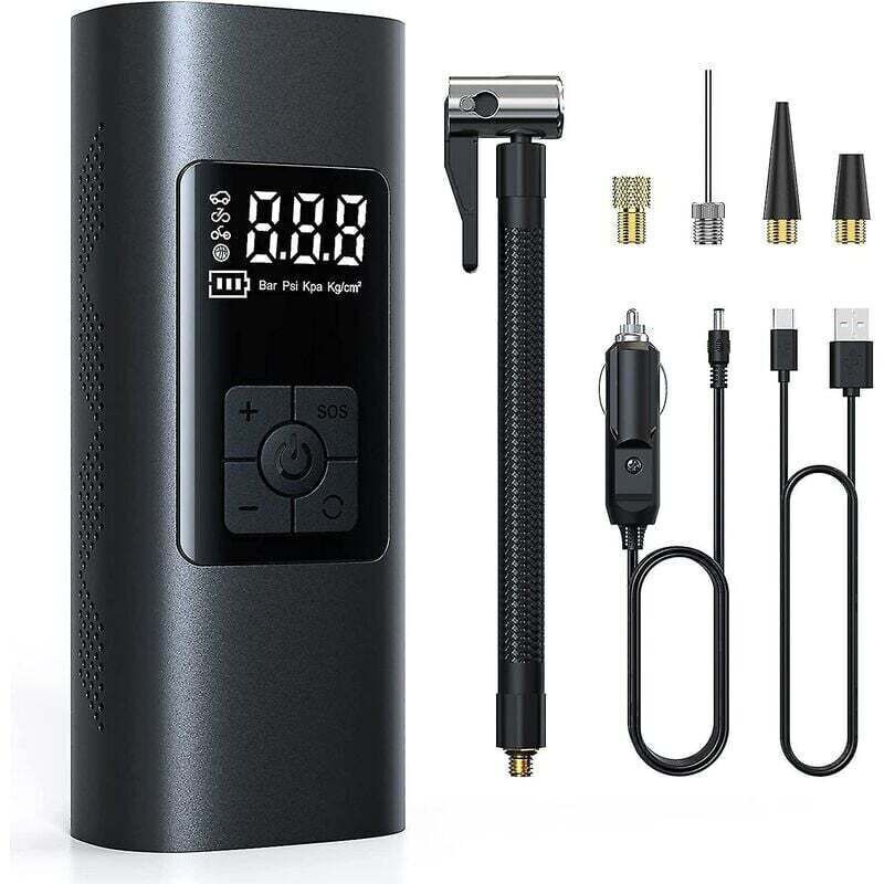 Rechargeable cordless tire inflator with 6000 mAh battery - Portable electric air pump for car and bicycle, automatic shut-off.