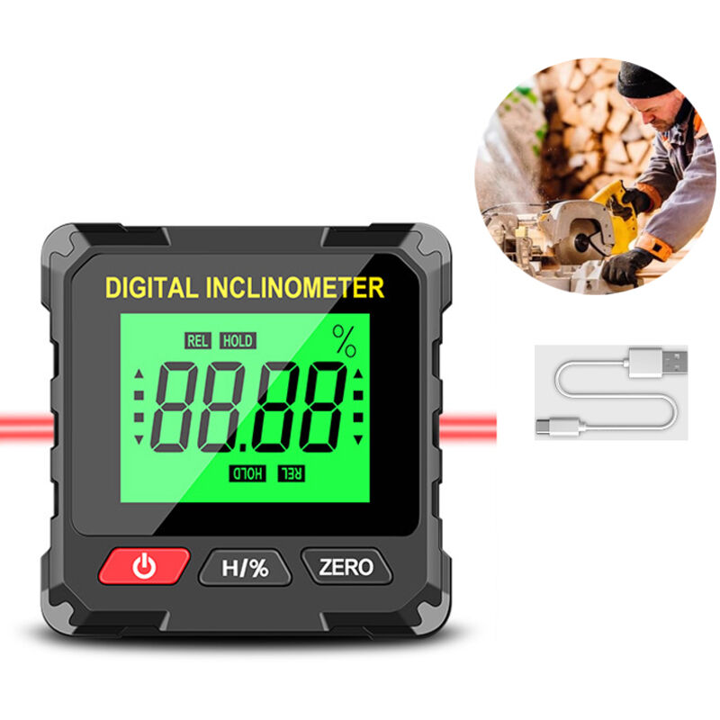 Digital display inclinometer, angle measuring instrument with a rechargeable double-sided laser, for construction and carpentry.