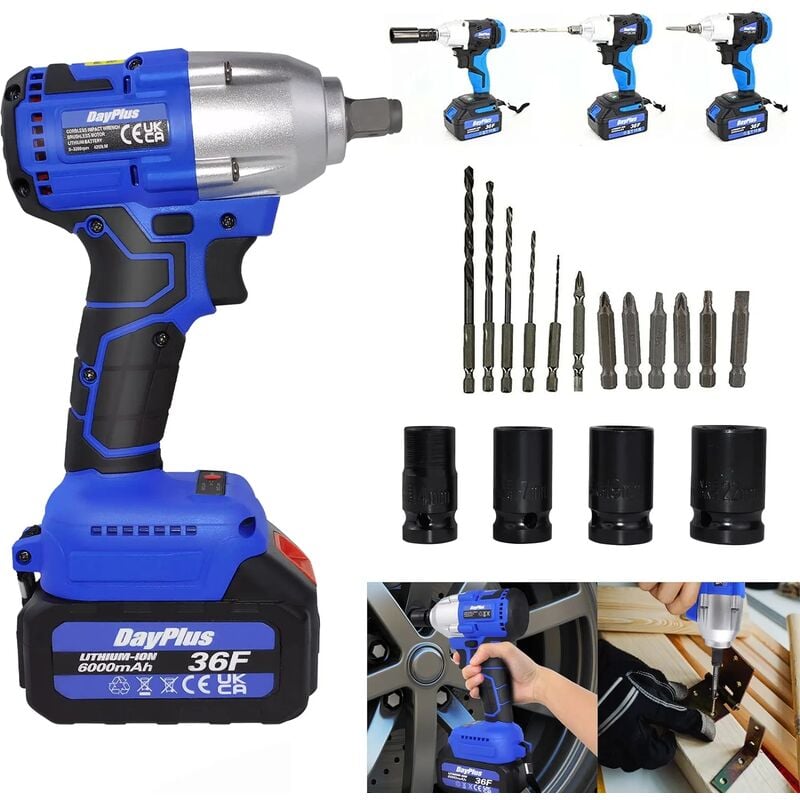 Briefness - Rechargeable Electric Cordless Impact Wrench Driver Gun Spanner led Worklight 2x Battery
