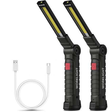 Rechargeable Flashlight, Work Light, Workshop Light, COB Flashlight with Magnetic Base, 5 Modes Camping Light for Garage, Camping, Emergency and More (Large, 2 Pack)